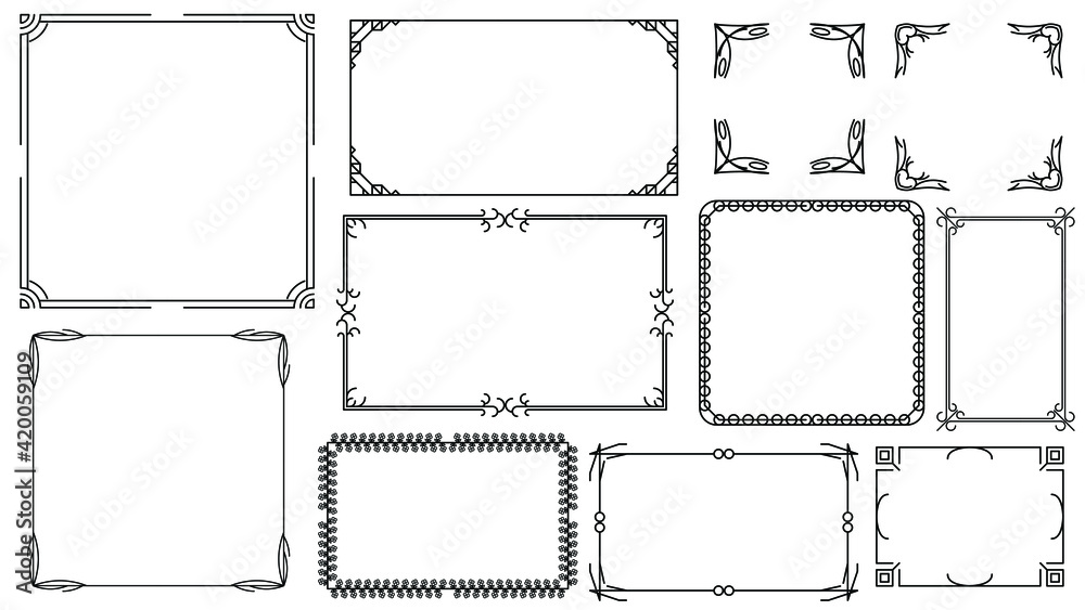 Set Black Simple Line Frame Collection Doodle Square Floral Frame Leaves Elements Vector Design Style Sketch Isolated Illustration For Banner