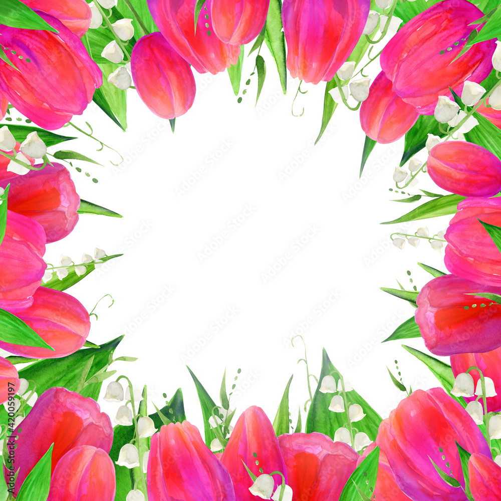 Tulips. Lilies of the valley. Square Border. Design element. Greeting card. Invitation.