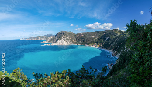 Panoramic view of Petani beach with turquoise sea waters in Kefalonia ionian island  Greece