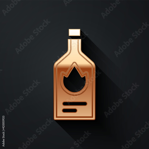 Gold Tabasco sauce icon isolated on black background. Chili cayenne spicy pepper sauce. Long shadow style. Vector