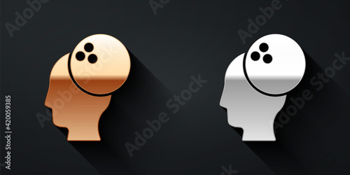 Gold and silver Bowling ball icon isolated on black background. Sport equipment. Long shadow style. Vector