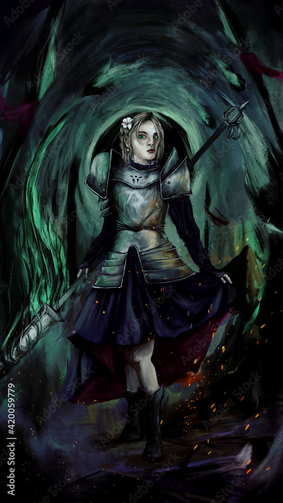 a girl in a dress and armor stands against a background of green light. she has a weapon in her hand. stars are falling on the background. underfoot is burning and sparks fly. 2D illustration