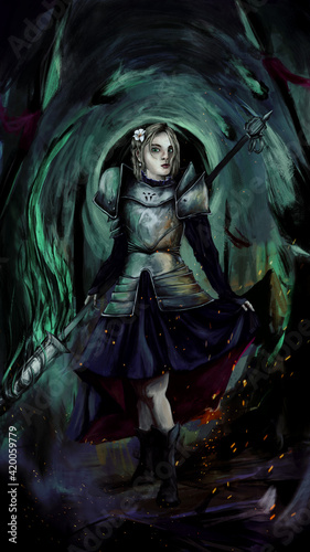 a girl in a dress and armor stands against a background of green light. she has a weapon in her hand. stars are falling on the background. underfoot is burning and sparks fly. 2D illustration