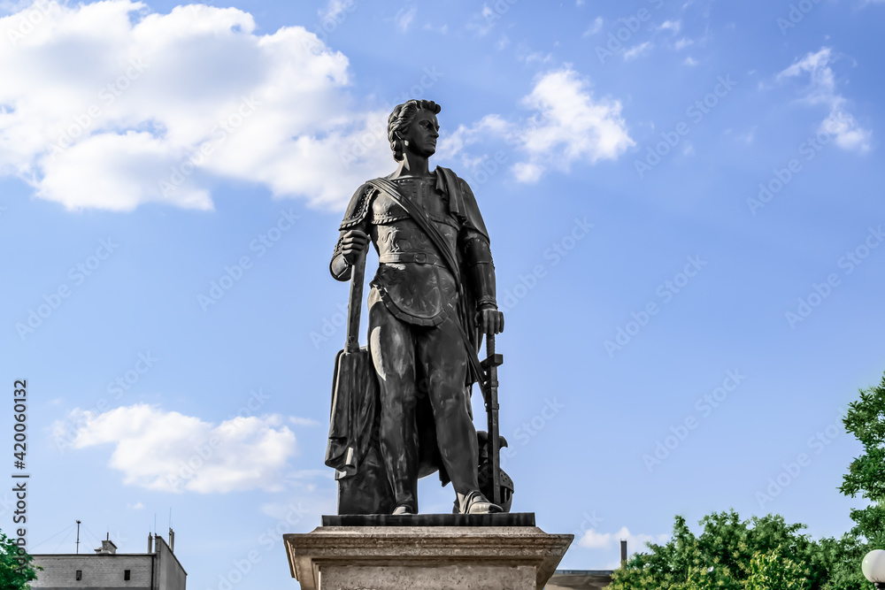 Kherson, Ukraine - July 22, 2020: Monument of prince Grigory Potemkin-Tavricheski in Kherson, isolated on the blue sky, close-up. Sculpture of the founder of Kherson in Potemkin Square