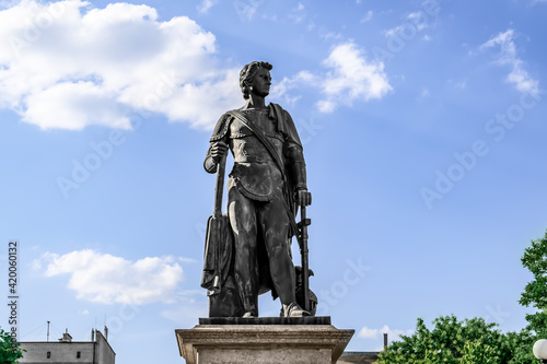 Kherson  Ukraine - July 22  2020  Monument of prince Grigory Potemkin-Tavricheski in Kherson  isolated on the blue sky  close-up. Sculpture of the founder of Kherson in Potemkin Square