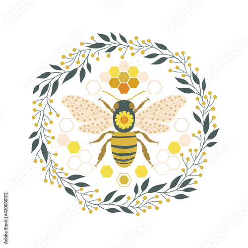 Ornate folksy floral bee in botanical wreath vector illustration isolated on white background. Decorative boho folk art honeybee insect symmetrical poster design. 