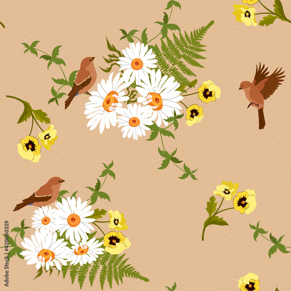 Seamless vector spring illustration with pansies, chamomile and birds on a beige background.