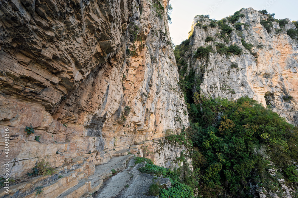 Trail at the Vikos Gorge, listed as the deepest gorge in the world by the Guinness Book of Records, in Epirus, Greece