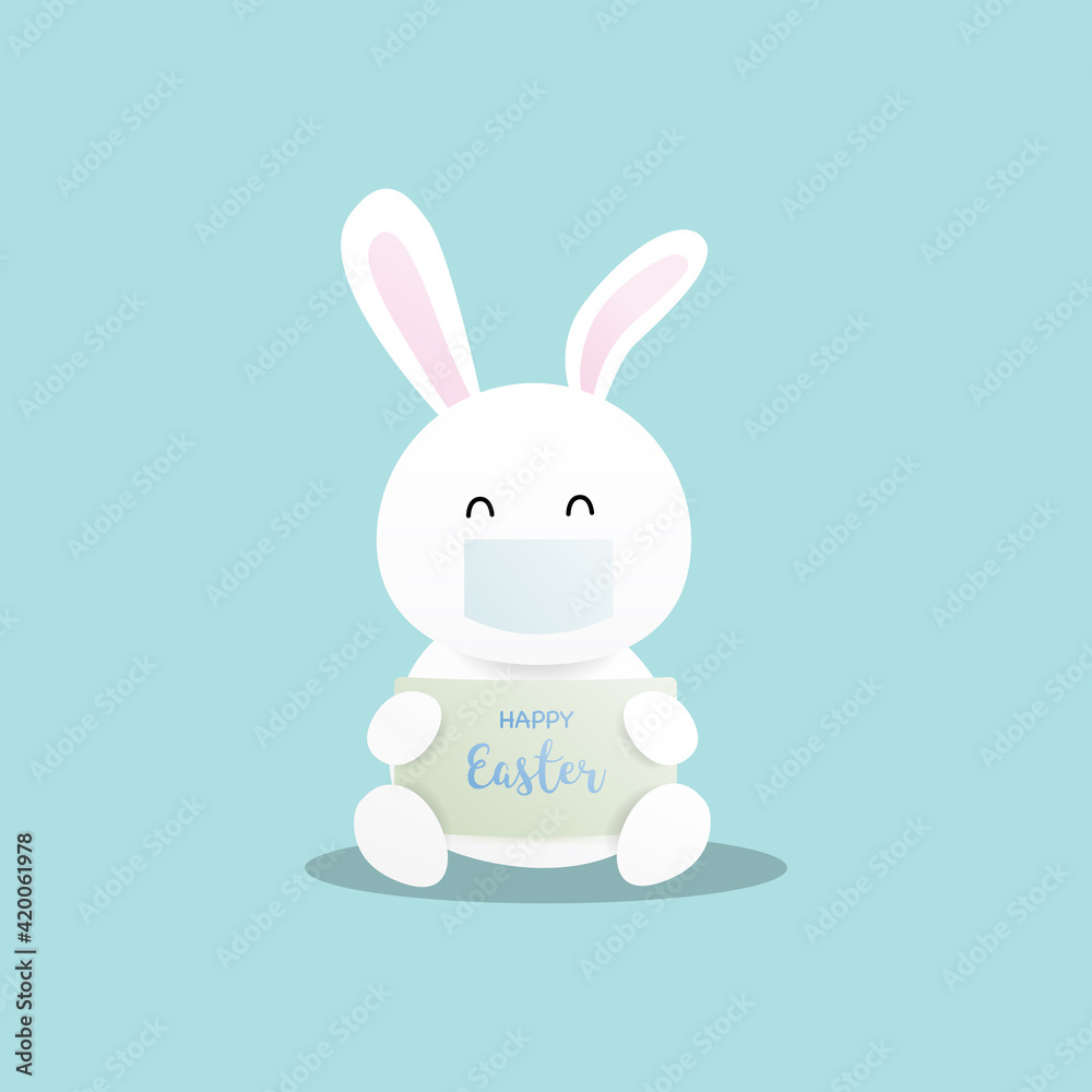 Cute rabbit wearing facemask on blue background Cute rabbit wearing facemask on blue background