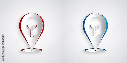 Paper cut Greek helmet icon isolated on grey background. Antiques helmet for head protection soldiers with a crest of feathers or horsehair. Paper art style. Vector