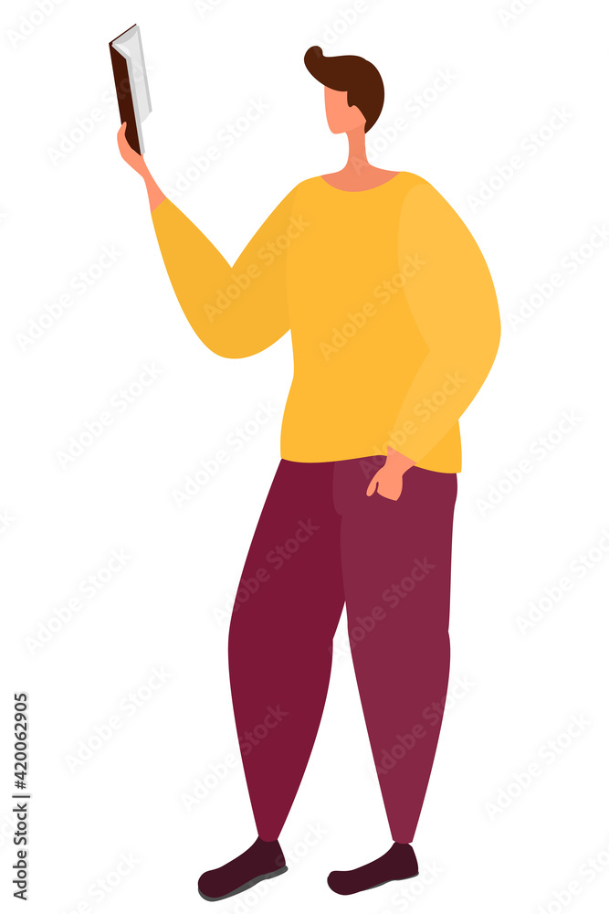 The character is standing and holding a book in his hand held high. A man in a yellow sweatshirt is reading a book. Vector isolated flat.