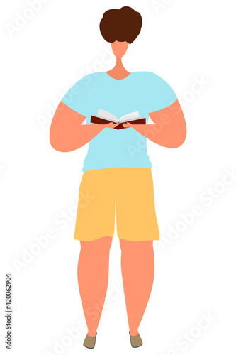 A character in yellow shorts holds a book in both hands. A man in a blue T-shirt is standing and reading a book. Vector illustration isolated on white, flat style.
