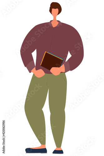 The person stands in a tense pose and holds books in his hand. Stylized vector illustration isolated on white, flat style.