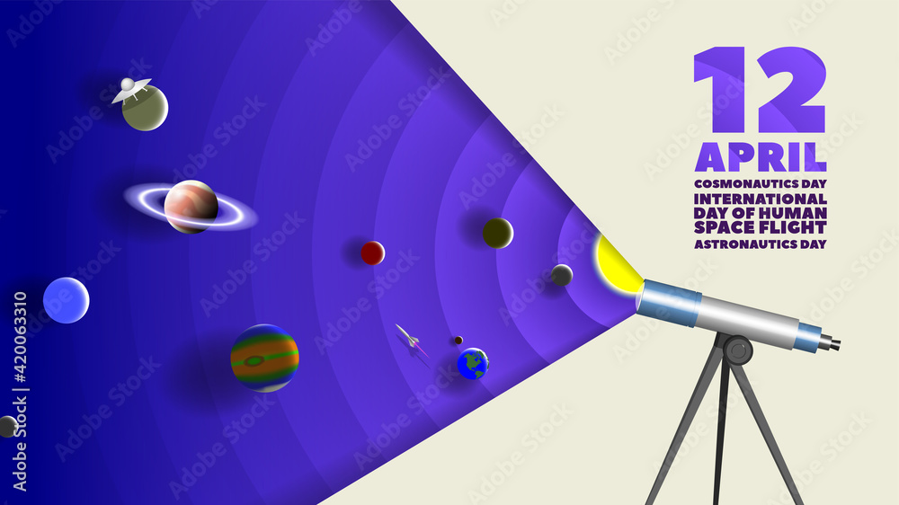Fototapeta premium Festive 3D poster. April 12, Cosmonautics Day and International Day of Human Space Flight. Telescope and stylistic planets of the solar system