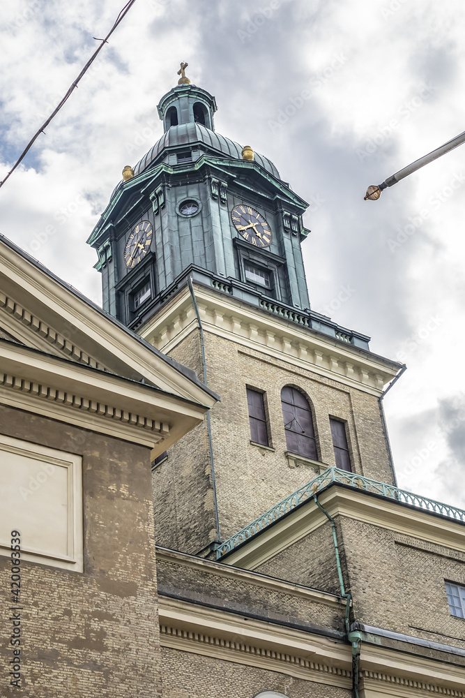 Neoclassical Gothenburg Cathedral (Gustavi domkyrka) lies near heart of city, cathedral built in 1815 and replaced an earlier cathedral built in XVII century. Gothenburg, Sweden.