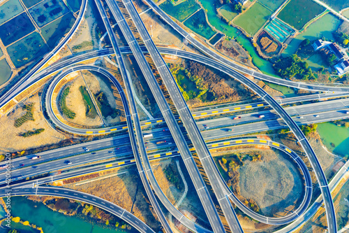 Aerial view of new road interchange or highway intersection in Hangzhou.