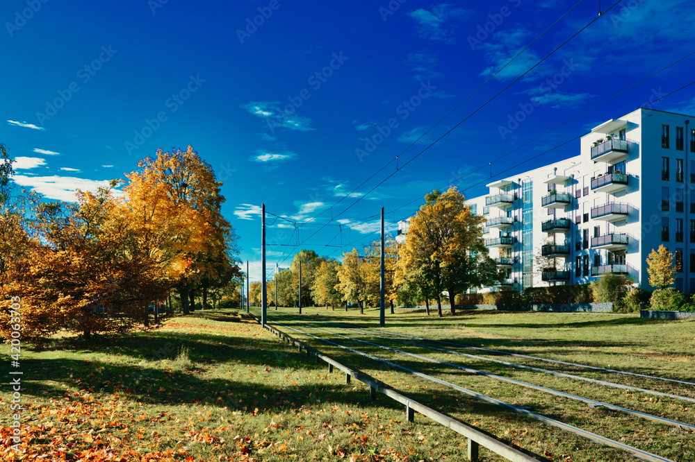 Herbstliche Ansicht der Stadt München, Stadtteil Schwabing. Buntes Herbstlaub von Sträuchern, entlang der Schienen einer Straßenbahnlinie.