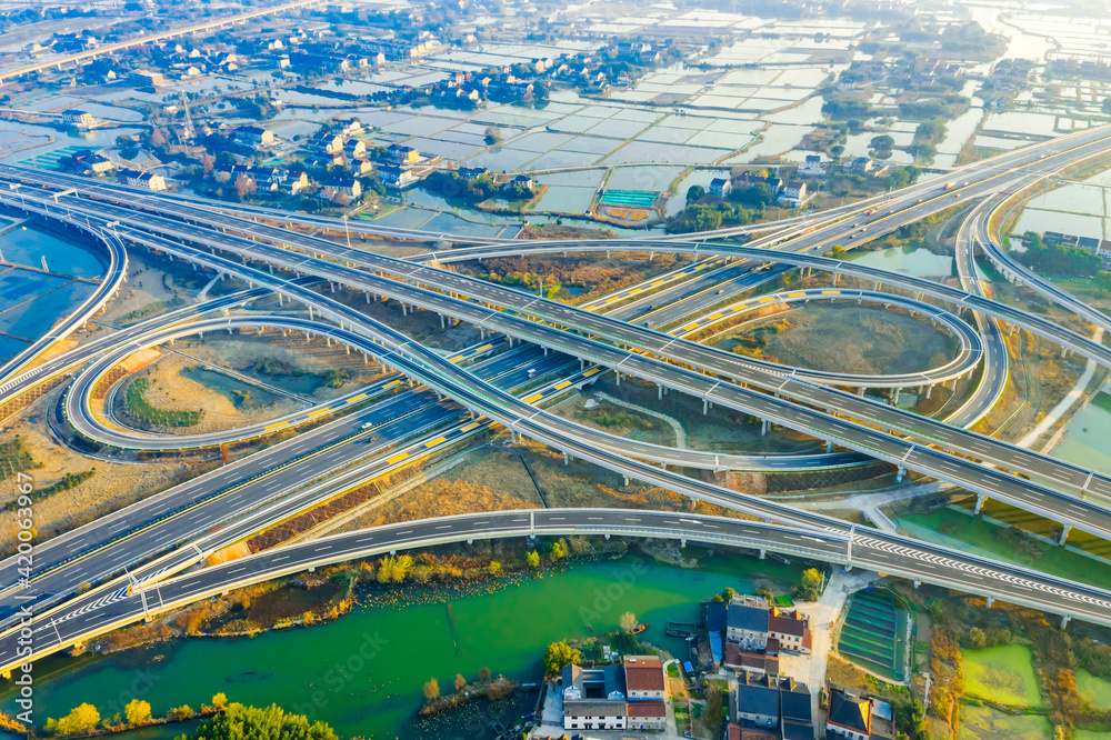Aerial view of new road interchange or highway intersection in Hangzhou.