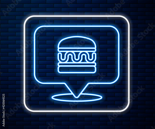 Glowing neon line Online ordering and burger delivery icon isolated on brick wall background. Vector