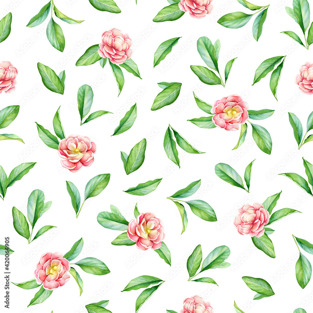 Seamless pattern with watercolor green leaves and pink flowers Seamless pattern with watercolor green leaves and pink flowers