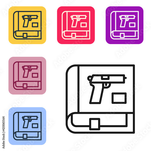 Black line Book with pistol or gun icon isolated on white background. Police or military handgun. Small firearm. Weapon catalog. Set icons in color square buttons. Vector