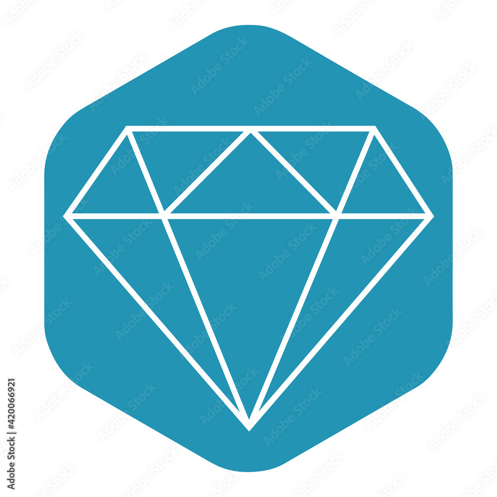 The diamond icon. White outline of a gemstone cut on a blue hexagon. Vector illustration isolated on a white background for design and web. The diamond icon. White outline of a gemstone cut on a blue hexagon. Vector illustration isolated on a white background for design and web.
