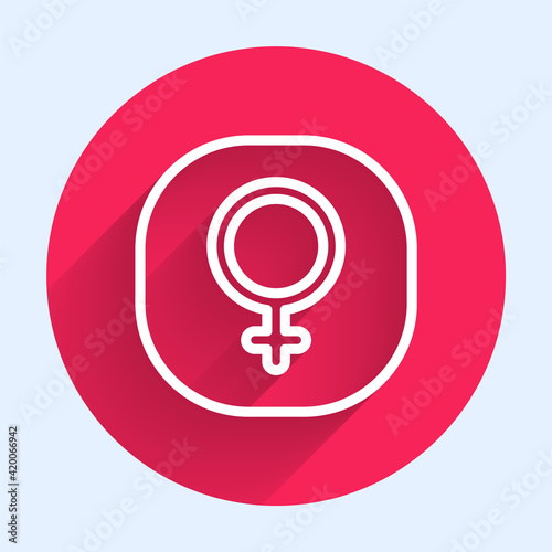 White line Venus symbol icon isolated with long shadow. Astrology, numerology, horoscope, astronomy. Red circle button. Vector