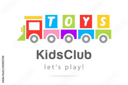 Funny Kids toy railway Train cartoon flat logo.Design Template icon kindergarten,sign playground,symbol kids club, zone,children amusement,carousel locomotive slot machine.Vector logotype kids center