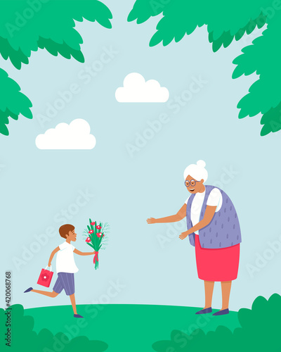 The grandson runs with flowers and a gift to his grandmother. Holiday. The boy is glad that he saw his grandmother. Spring and summer seasons. Elderly woman with glasses. Flat vector illustration.
