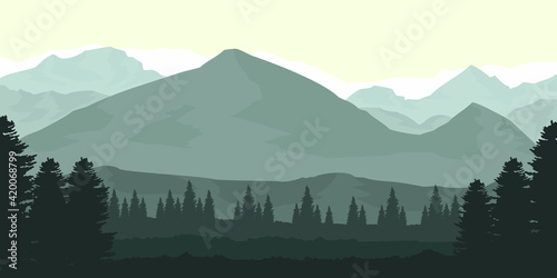 landscape mountain with forest sillhouette in the morning vector illustration good for background vector template, backdrop design, tourism travel design, and adventure design wallpaper