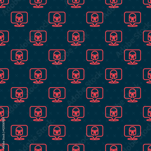 Red line Greek helmet icon isolated seamless pattern on black background. Antiques helmet for head protection soldiers with a crest of feathers or horsehair. Vector