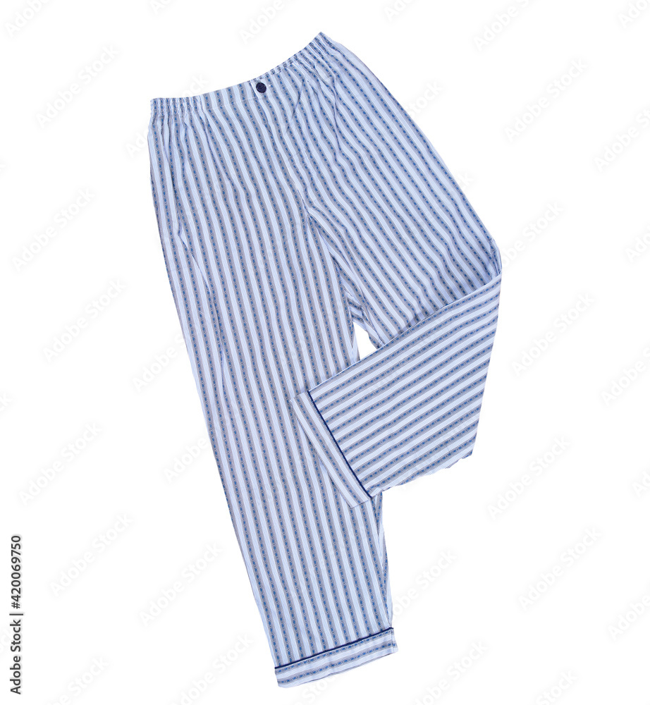 Striped pajama pants of blue color from isolated on white, top view. Sleep pants close up Striped pajama pants of blue color from isolated on white, top view. Sleep pants close up