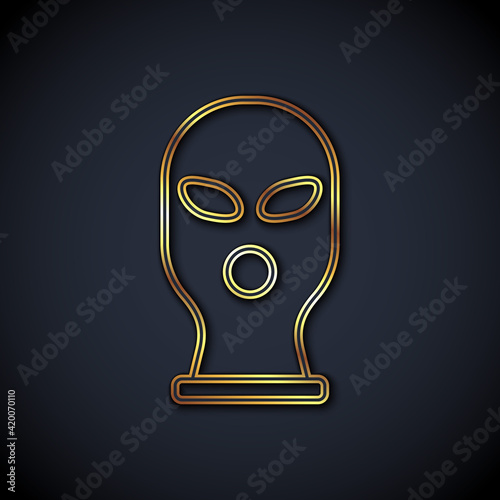 Gold line Balaclava icon isolated on black background. A piece of clothing for winter sports or a mask for a criminal or a thief. Vector