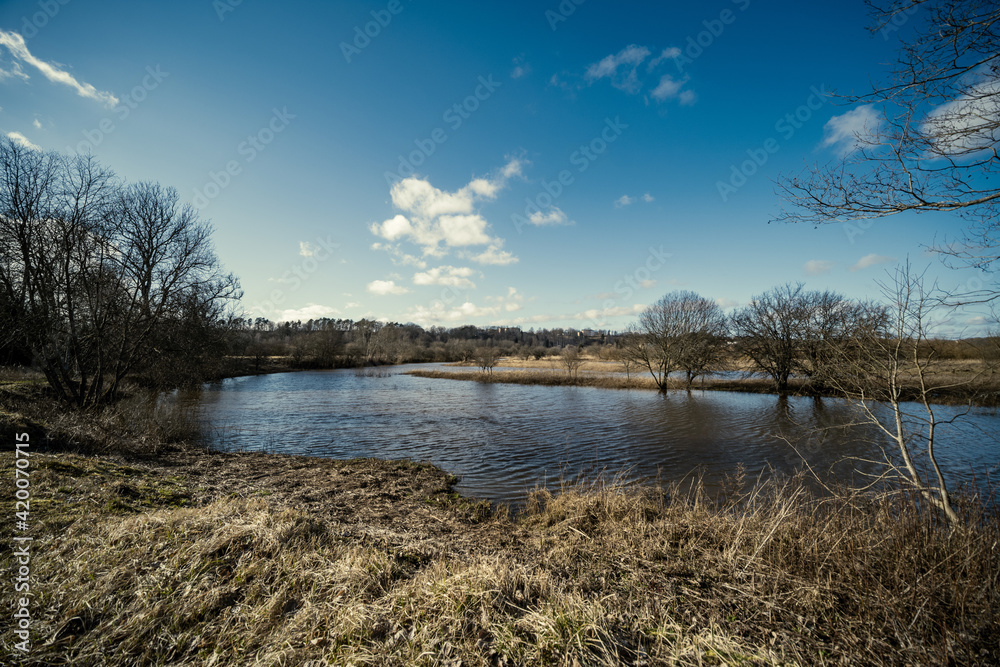 countryside forest river with blue water and rocks on the shore