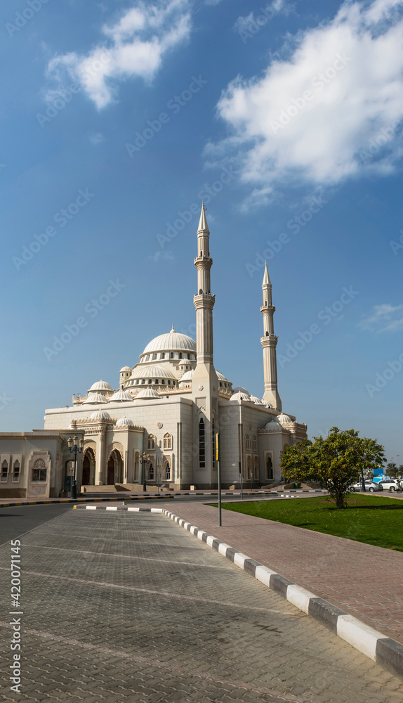 Al Noor Mosque - Famous architectural landmark of Sharjah, UAE. Beautiful Islamic religious monument from Middle East.