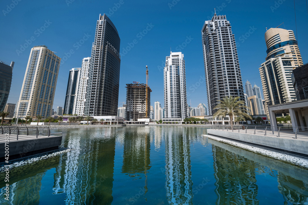 Fototapeta premium Panoramic view of a modern skyline of Dubai, United Arab emirates.