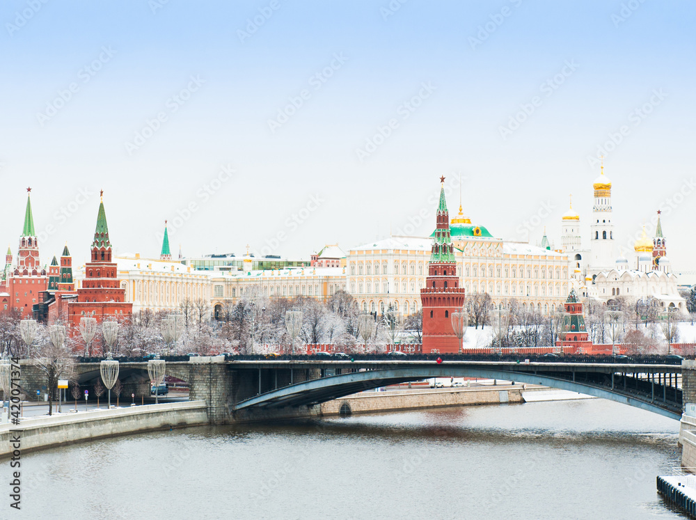 Moscow Kremlin view. Winter after snowfall. Moscow. Russia