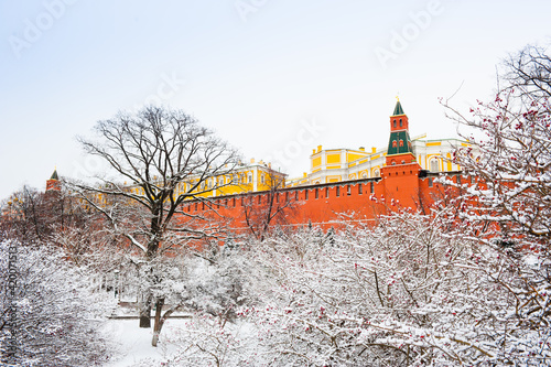 Alexander Garden (Aleksandrovsky Sad). Winter day after snowfall. Moscow. Russia