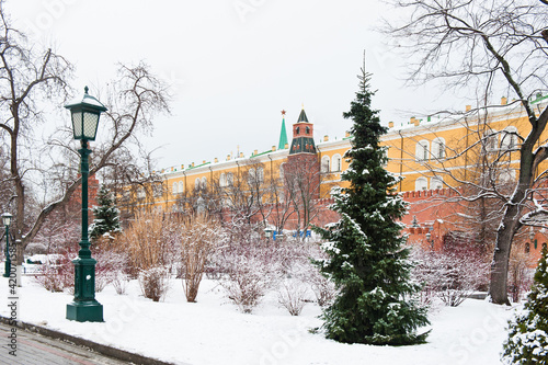 Alexander Garden (Aleksandrovsky Sad). Winter day after snowfall. Moscow. Russia photo