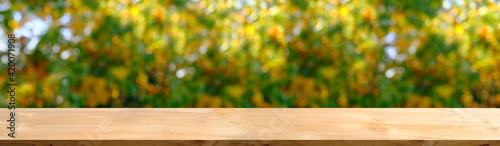 wooden table in the garden, beautiful blurred natural landscape in the background, long panorama, the concept of a cozy autumn mood, blank for the designer