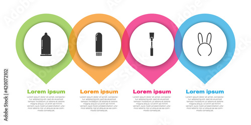 Set Condom, Dildo vibrator, Leather whip and Mask with long bunny ears. Business infographic template. Vector