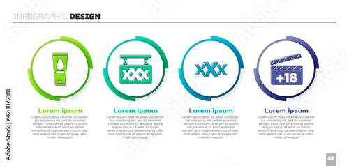 Set Personal lubricant, Sex shop, Sex shop and Movie clapper with 18 plus content. Business infographic template. Vector
