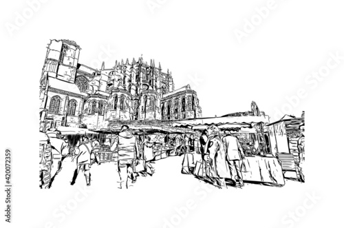 Building view with landmark of Le Mans is a city in northwestern France. Hand drawn sketch illustration in vector.