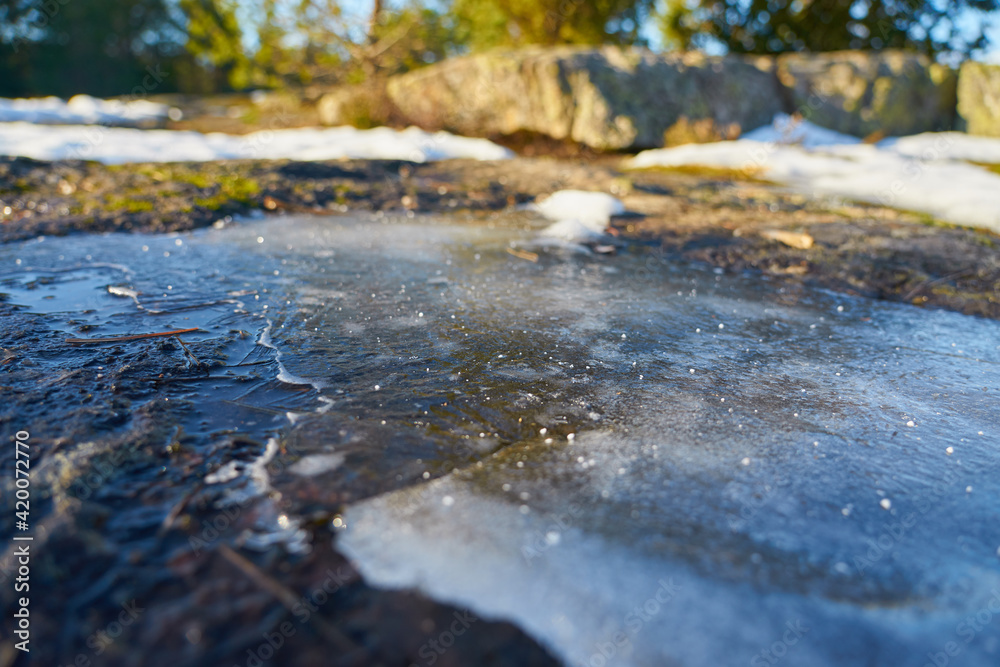 Ice melts in the spring in the mountain forest. Ice melts in the spring in the mountain forest.