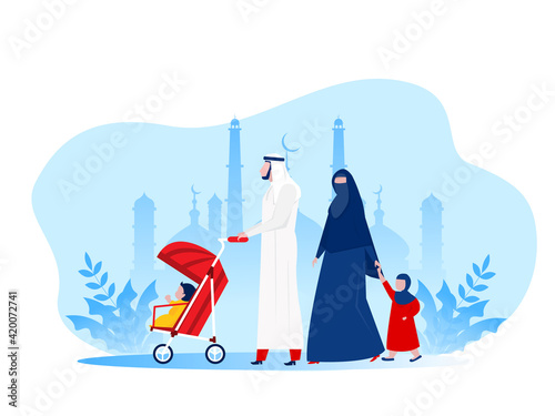 Muslim Arabic family walking in park Kid ,cartoon characters flat vector illustration.