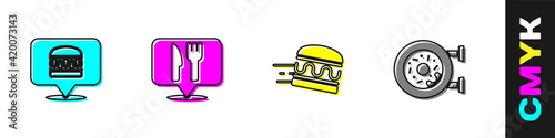 Set Online ordering burger delivery, Cafe and restaurant location, and Donut icon. Vector