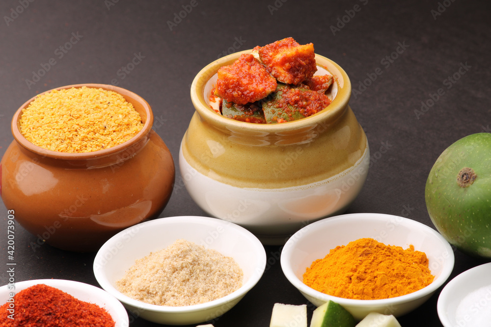 Homemade Mango Pickle or aam ka achar Kairi Loncha with Ingredients. Homemade Mango Pickle or aam ka achar Kairi Loncha with Ingredients.