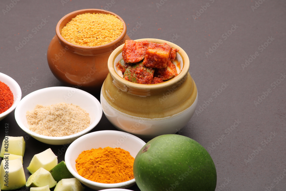 Homemade Mango Pickle or aam ka achar Kairi Loncha with Ingredients. Homemade Mango Pickle or aam ka achar Kairi Loncha with Ingredients.