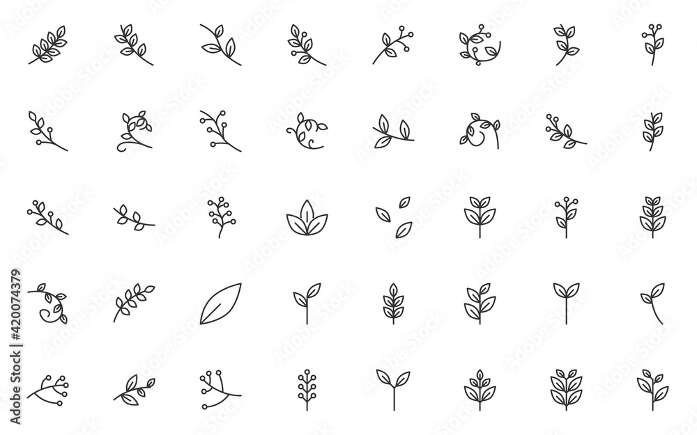 set of spring thin line icons, leaf, plants set of spring thin line icons, leaf, plants