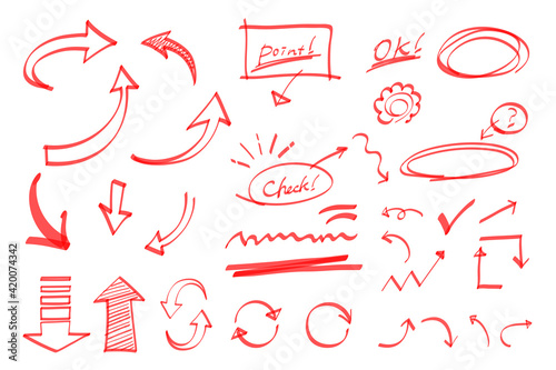 マーカーで描いたような手書きの矢印セット（赤）